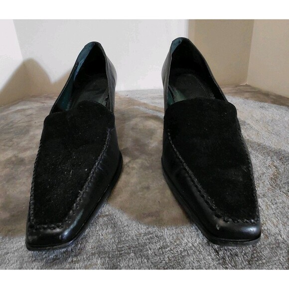 Naturalizer Kitten Loafer Pump Heels Womens Size 10W Black Leather Square Toe - Picture 2 of 16